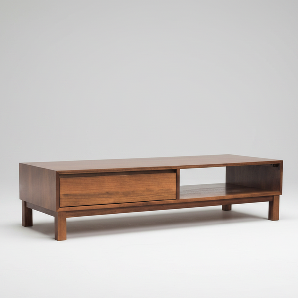 Wooden coffee table with a drawer on a white background