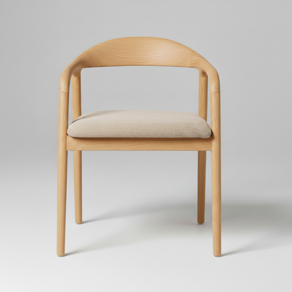 A modern wooden dining chair with a curved backrest, upholstered in a light beige fabric cushion, shown against a neutral gray studio background.