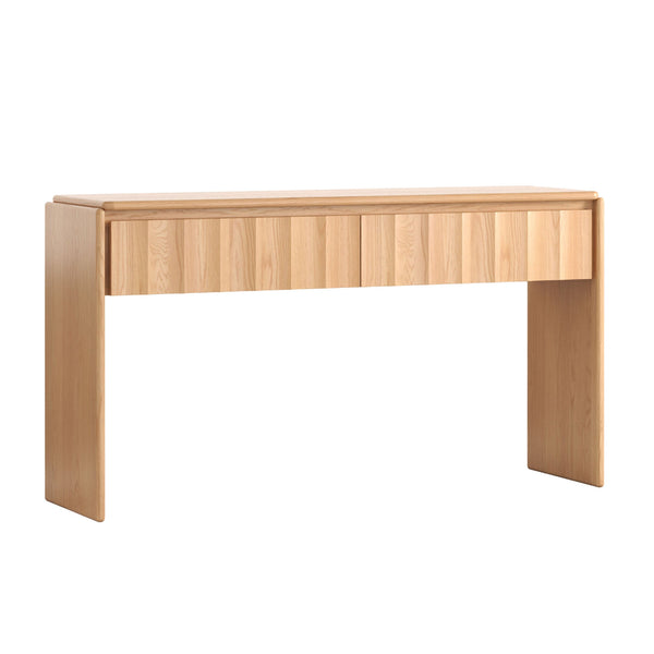 Light oak console table with open space under the top and straight legs