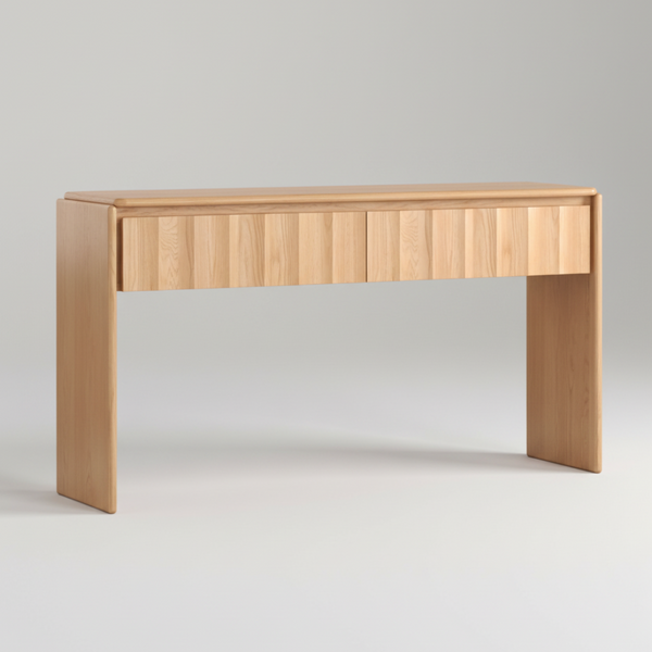 Light oak console table angled view with straight legs and open under-shelf