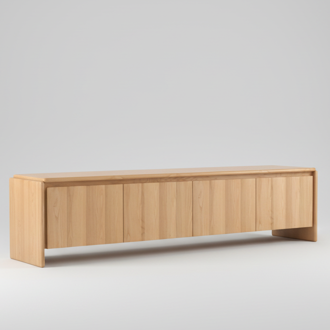 Light oak TV unit with low profile, open shelf, and paneled front