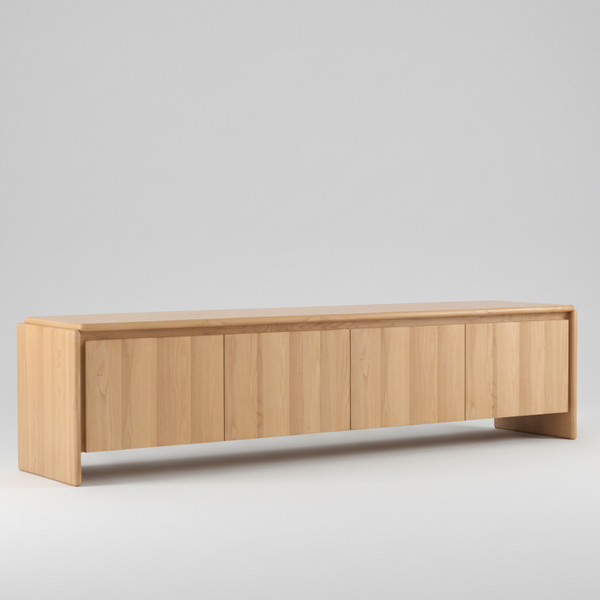 Light oak TV unit with low profile, open shelf, and paneled front