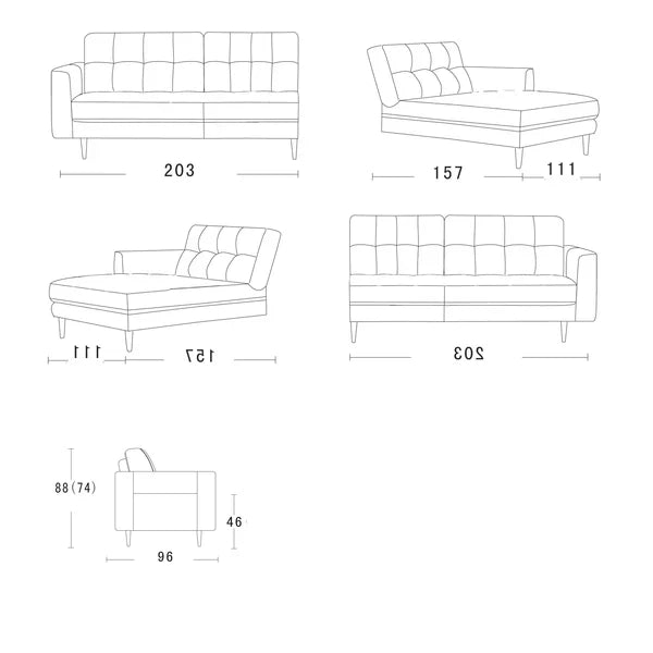 Sofa upholstery layout line drawing with size measurements for different sections