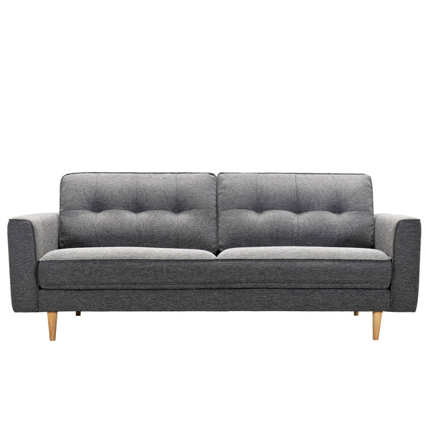 Light grey tufted sofa upholstery fabric with two-seat bench cushions and wide arms