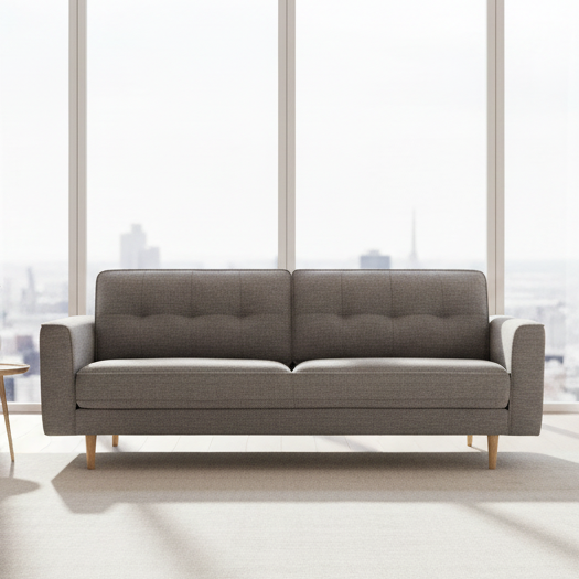Dark grey tufted sofa upholstery fabric with straight arms and two-seat cushions