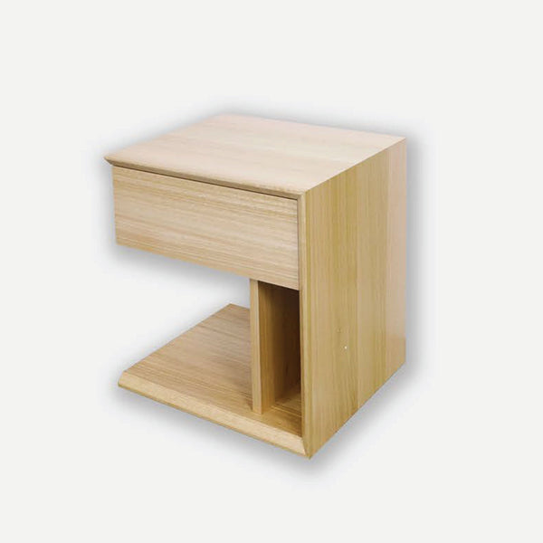 Light wood bedside table with top drawer and open shelf, compact cabinet design