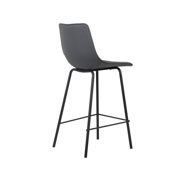 Charcoal upholstered bar stool with curved backrest and black metal legs