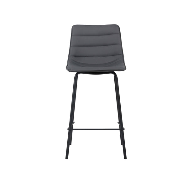 Charcoal bar stool with padded seat, arched back, and black frame legs