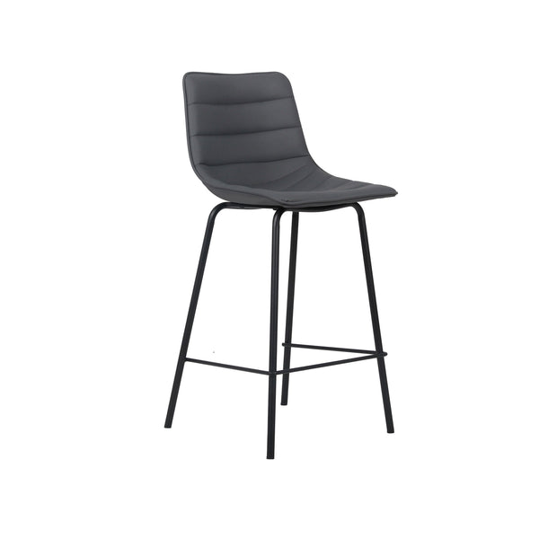 Charcoal bar stool with curved seat and padded back, plus black footrest frame