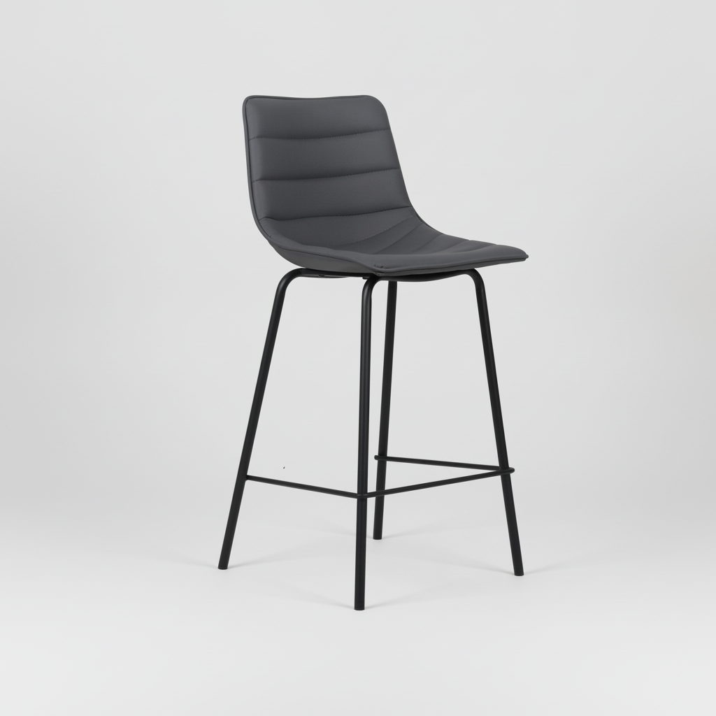 Charcoal bar stool with stitched padded back, curved seat, and black metal base