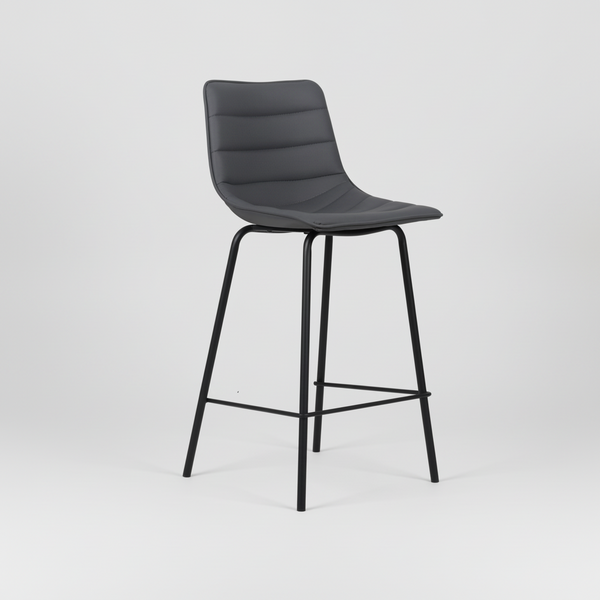 Charcoal bar stool with stitched padded back, curved seat, and black metal base