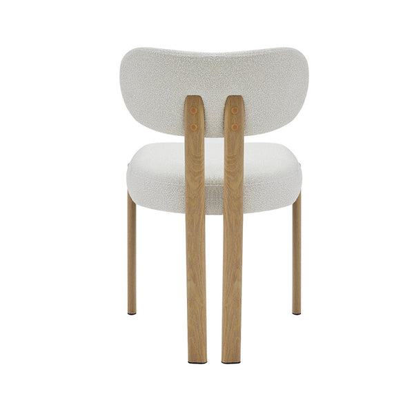 Dining chair with beige fabric seat and backrest, light wood legs and side posts
