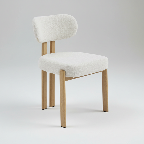 Beige upholstered dining chair with rounded back, padded seat, and tapered light wood legs