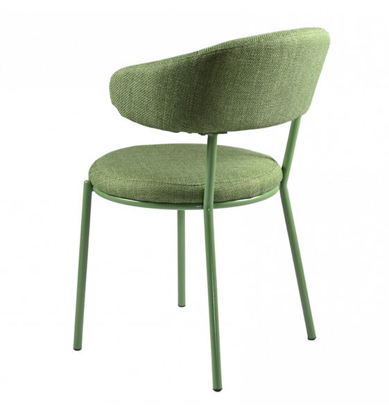 An upholstered dining chair with a rounded backrest and seat cushion in textured sage green fabric, supported by slim matching green metal legs, shown on a plain white background.