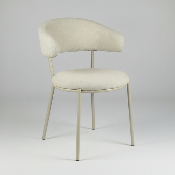 A modern dining chair with a curved, cushioned backrest and a round seat, upholstered in a light beige textured fabric with a slim, matching metal frame and legs, shown against a plain white background.