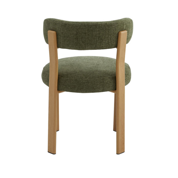 Olive upholstered dining chair with rounded arms and light wood legs