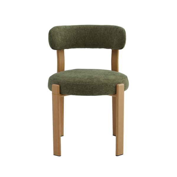 Olive fabric dining chair with padded seat, curved back, light wood legs