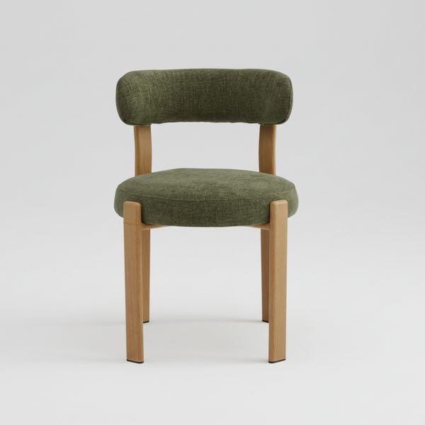 Green upholstered chair with wooden legs on a white background