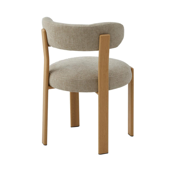 Beige upholstered dining chair, curved back and seat with tapered light-wood legs