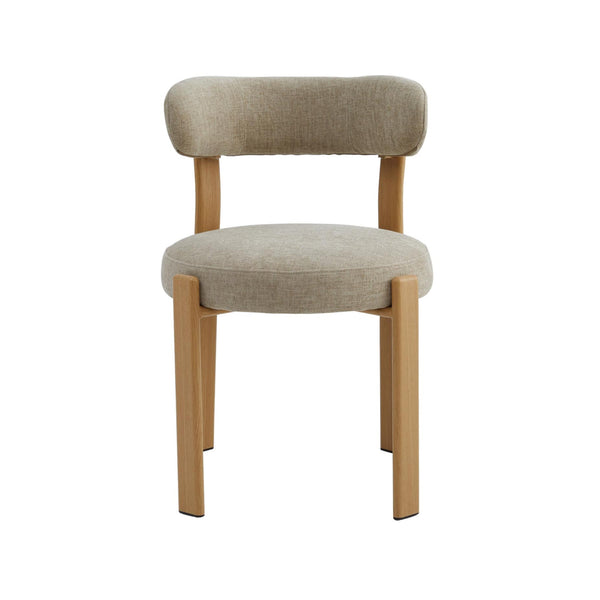 Beige fabric dining chair with rounded backrest, padded seat, and light wood legs