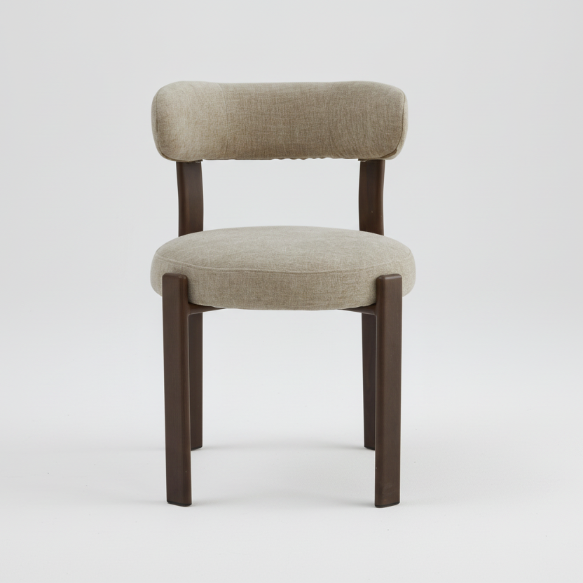 Beige upholstered chair with dark wooden legs on a white background