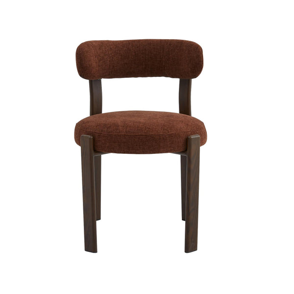 Dining chair with rounded back and rust-brown fabric seat, walnut-stained legs