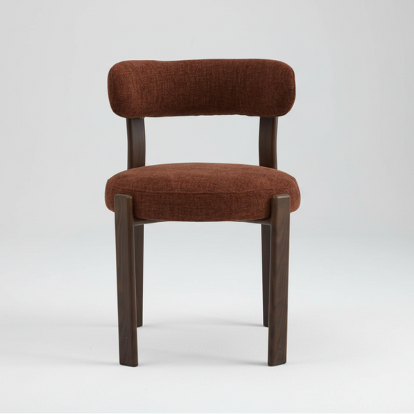 Dining chair with curved backrest, rust-brown upholstery and dark walnut legs