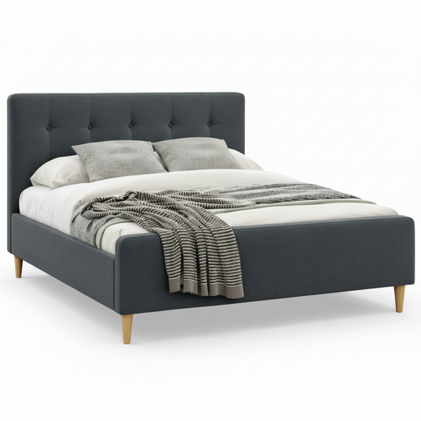 Caroline Bed Upholstered Dark Grey Fabric Double Queen size