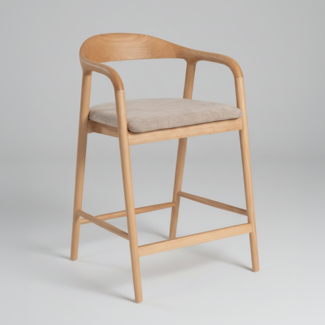 A modern wooden bar stool with a curved backrest, armrests, and a light beige upholstered seat cushion, shown on a plain white background.