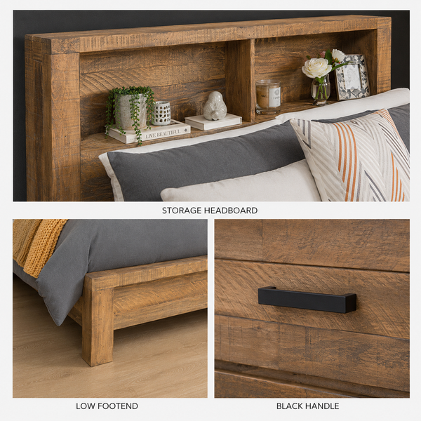 Cassie Queen King Bookcase Bed with Low Foot End in Recycled Rustic Wood Feature Images