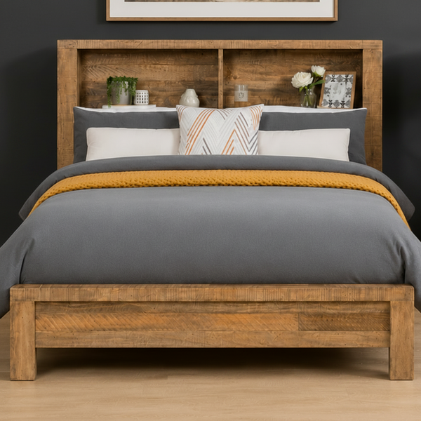 Cassie Queen King Bookcase Bed with Low Foot End in Recycled Rustic Wood Bed Frame Only