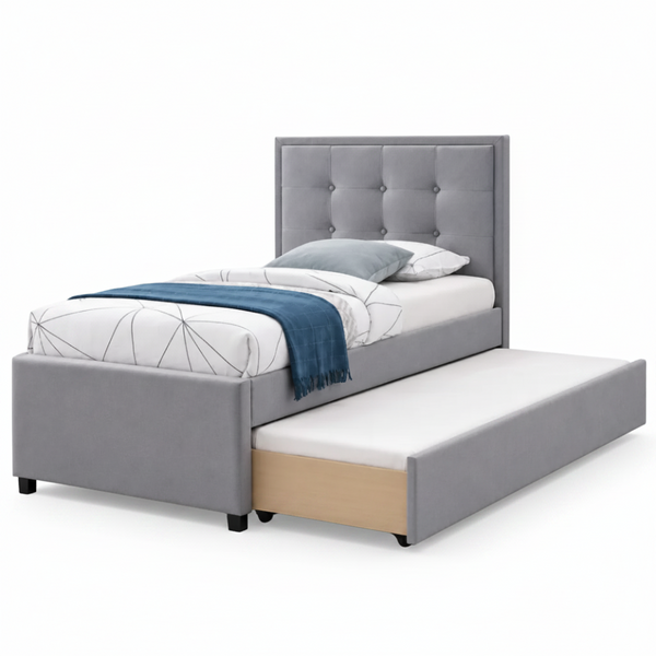 Milo Single Bed with Drawers Grey Fabric Single Trundle Bed Tufted Button Head Board