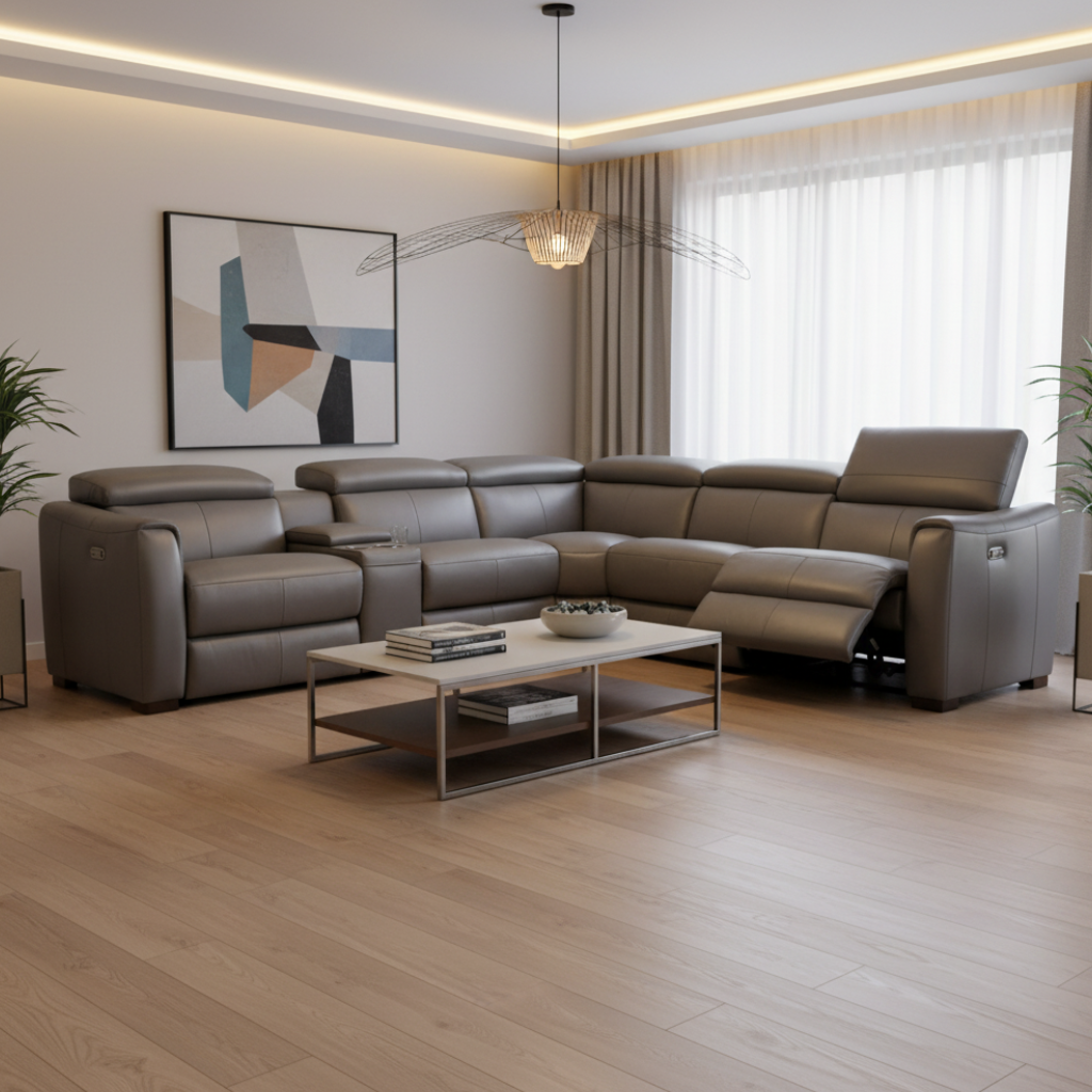 Baxter large corner lounge with 2 electric recliners on each end in grey leather lifestyle photo