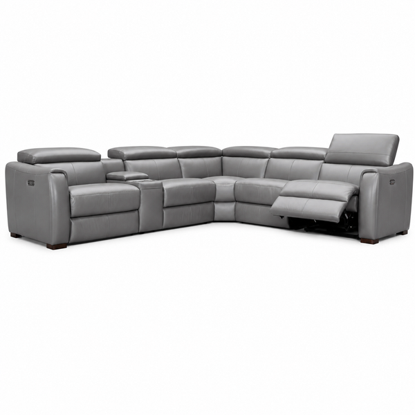 Baxter large corner lounge with 2 electric recliners on each end in grey leather