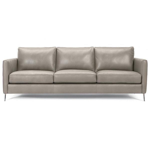 Light grey leather 3-seat sofa with three padded back cushions and track arms