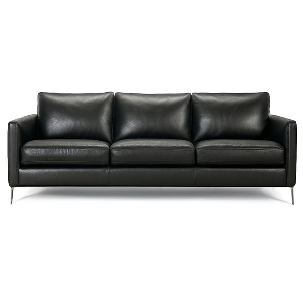 Black leather 3-seat sofa with three padded back cushions and track arms