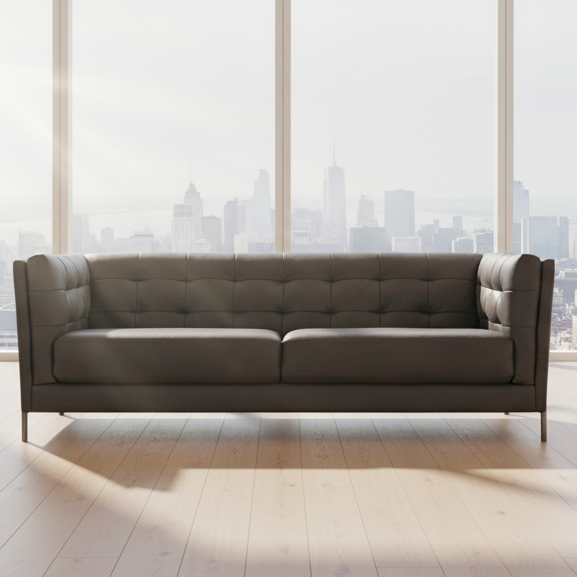 Charcoal leather sofa with tufted back cushions and wide rolled armrests