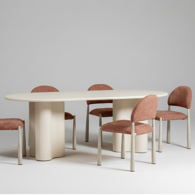 Modern dining table with white oval top and rust upholstered Egypt chairs (6-seat set)
