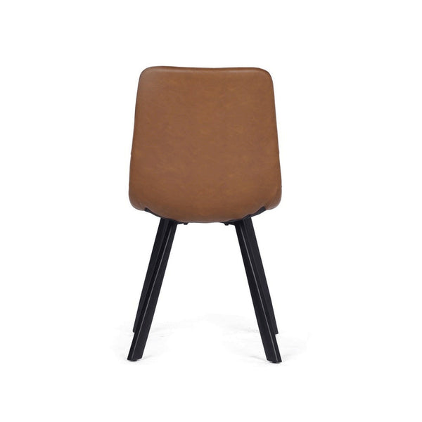 Brown upholstered dining chair with rounded back and seat, black angled legs