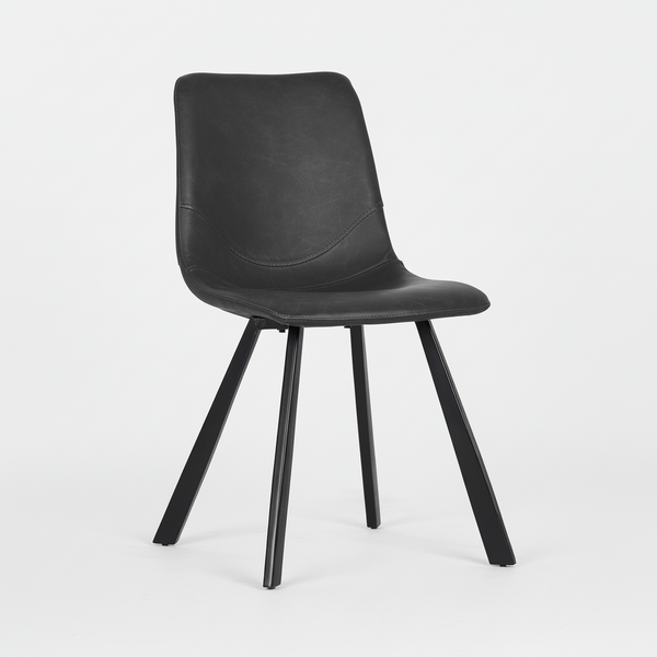 Upholstered dining chair with curved back, dark finish, and four-straight tapered legs