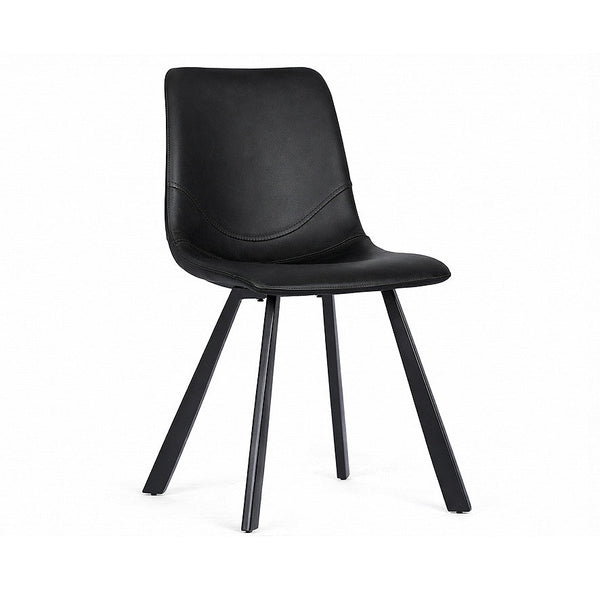 Black upholstered dining chair with curved back, padded seat, and four tapered legs