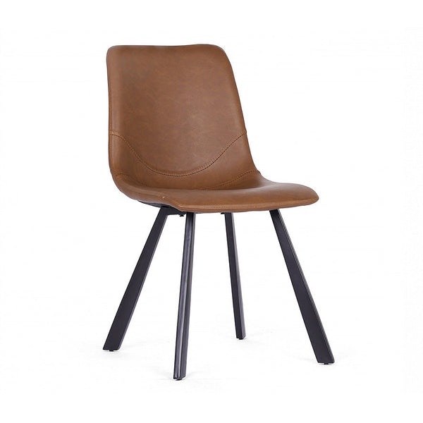 Brown dining chair with curved backrest, stitched seat seam, black tapered legs