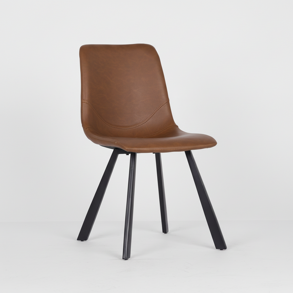 Brown upholstered dining chair with curved back and seat, black angled metal legs