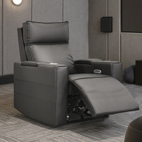 Black leather theatre chair reclined with electric headrest, open leg support, arm controls.
