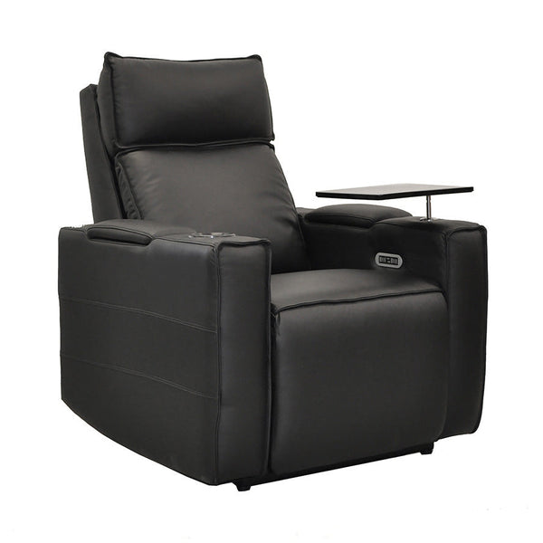 Black leather theatre chair with electric recline, padded headrest, and side table.