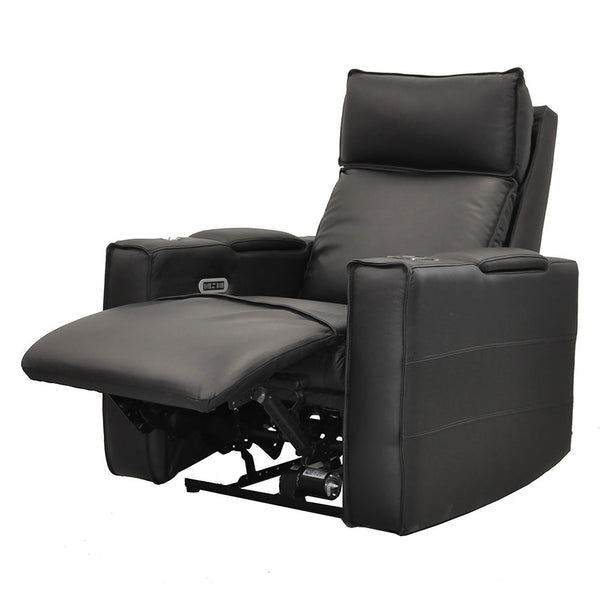 Black leather theatre chair with electric headrest and recline leg rest, wide armrests.