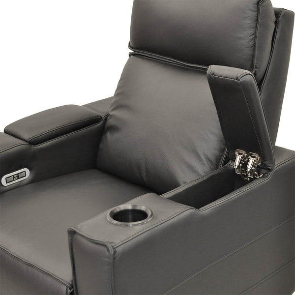 Black recliner theatre chair showing extended headrest and side control panel on arm.