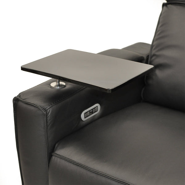Black theatre recliner chair with side fold-out table and open cup holder tray.