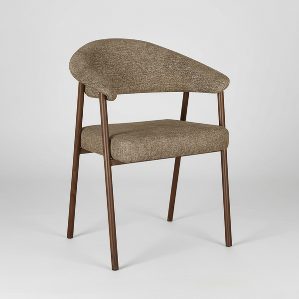 Upholstered dining chair in beige fabric with dark wood legs