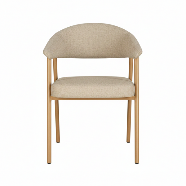 A modern dining chair with a curved upholstered backrest and seat cushion in a light beige textured fabric, supported by a slim gold metal frame, shown against a plain white background.